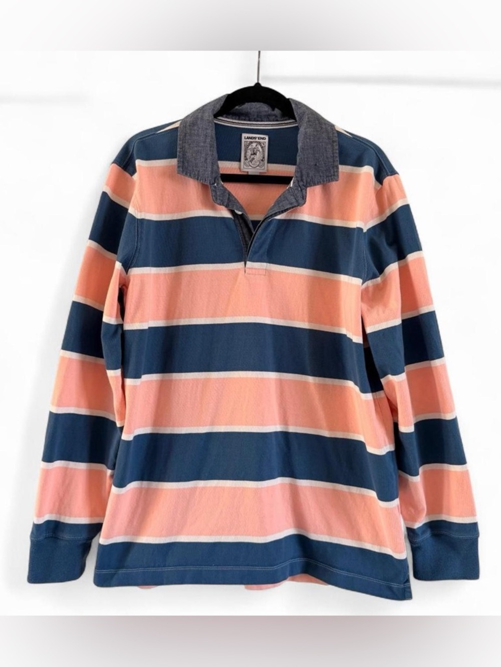 Lands' End Men's Striped Rugby Cotton Polo in Navy & Pink-Size L